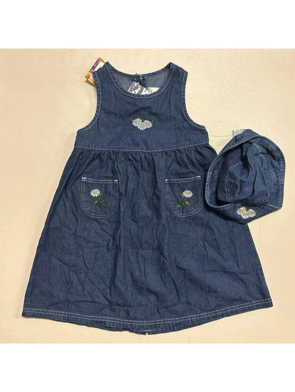 Save the Children Denim Dress Hat Set 4T Daisy Embroidery NWT Y2K